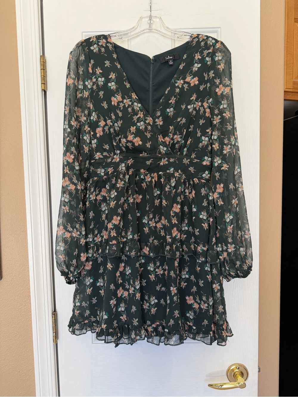 Lulu's Dark Cottagecore Green Floral Print Long Sheer Sleeves Mini Dress Medium